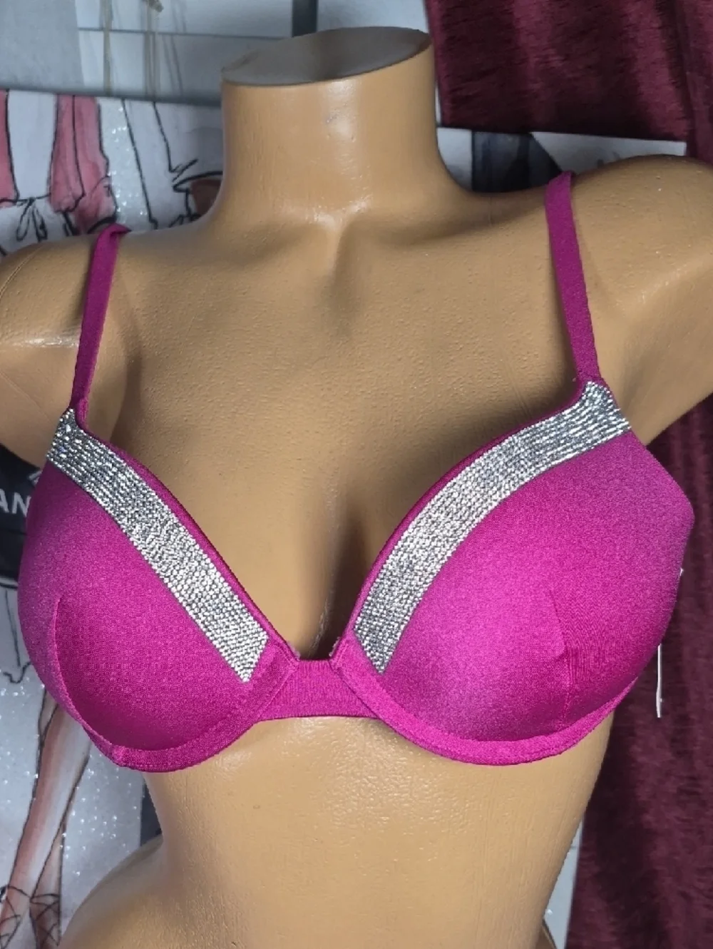 VICTORIA'S SECRET Plunge Push-Up swim Bra with Rhinestone Trim Fuchsia Pink 2207